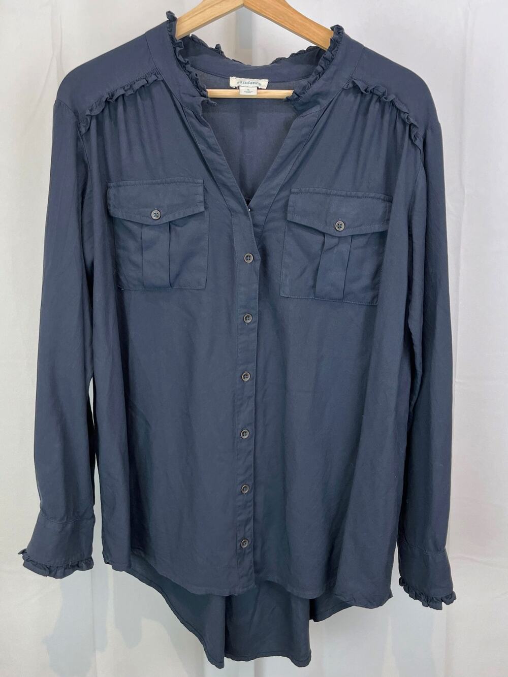 SUNDANCE Size S Ruffle Button Down Shirt V Neck Tunic Long Sleeve Viscose Blue